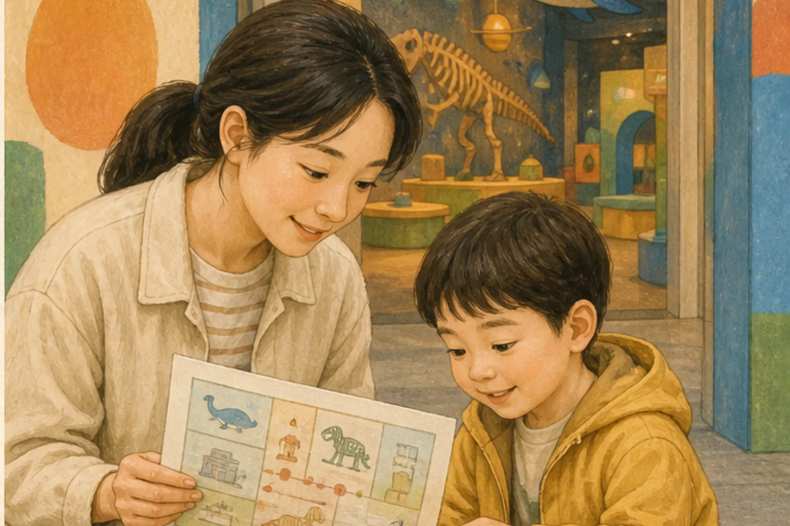 어린이박물관 입구에서 그림 지도를 함께 살펴보는 보호자와 아이