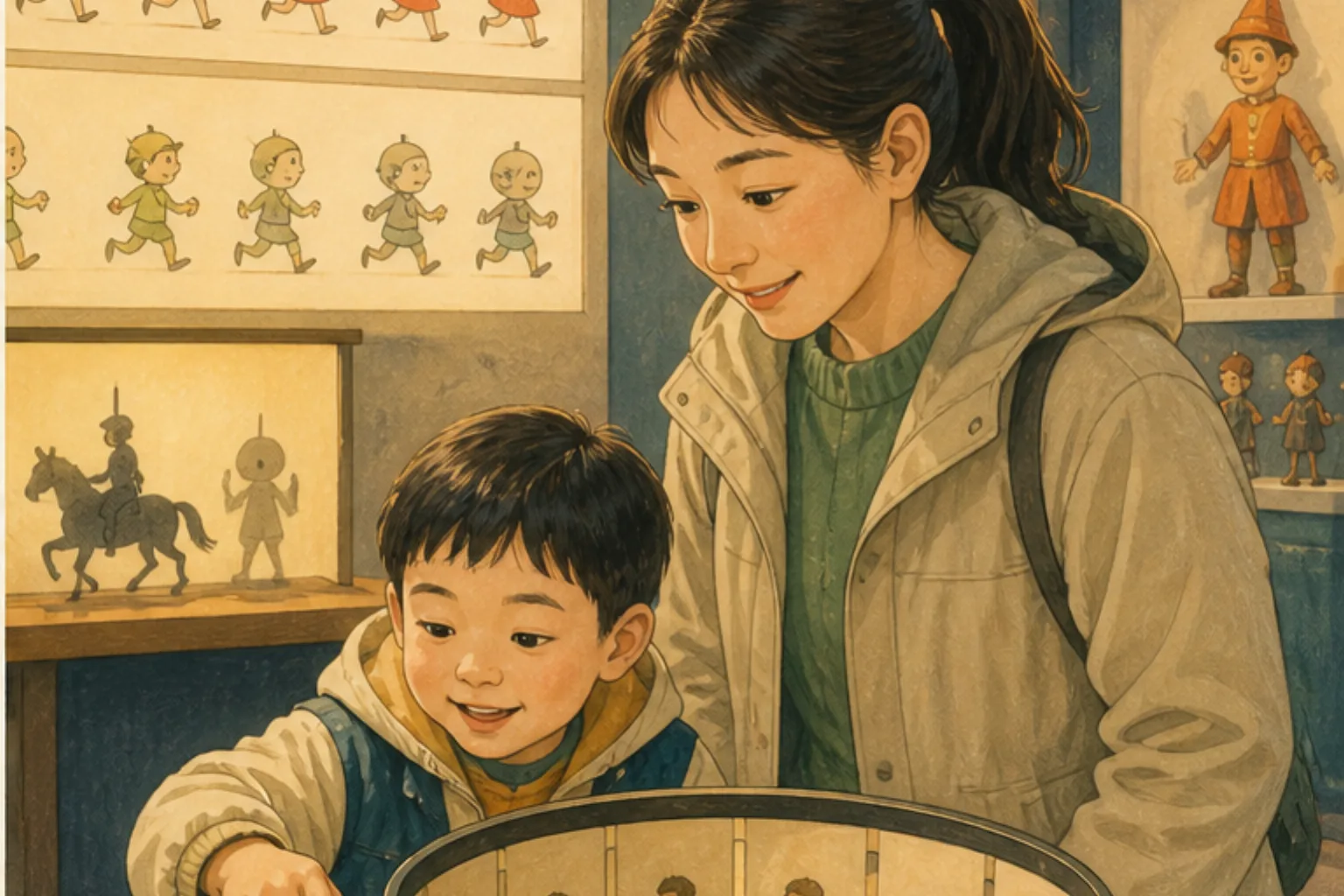 알록달록한 애니메이션 전시에서 연속 그림 장치를 돌려 보는 아이