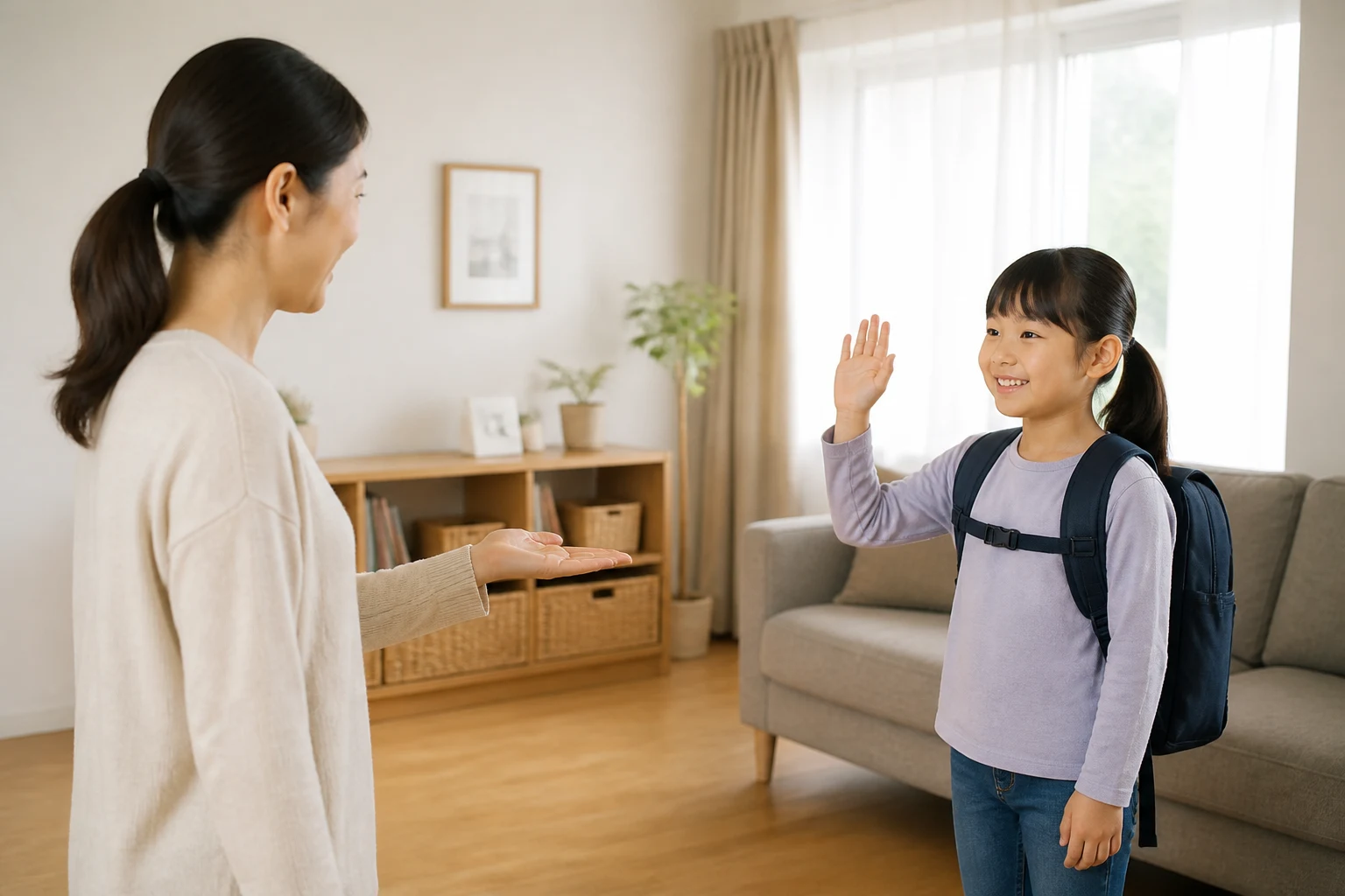 보호자가 아이에게 포옹 대신 손인사 선택을 묻고 아이가 편안하게 손을 들어 보이는 모습