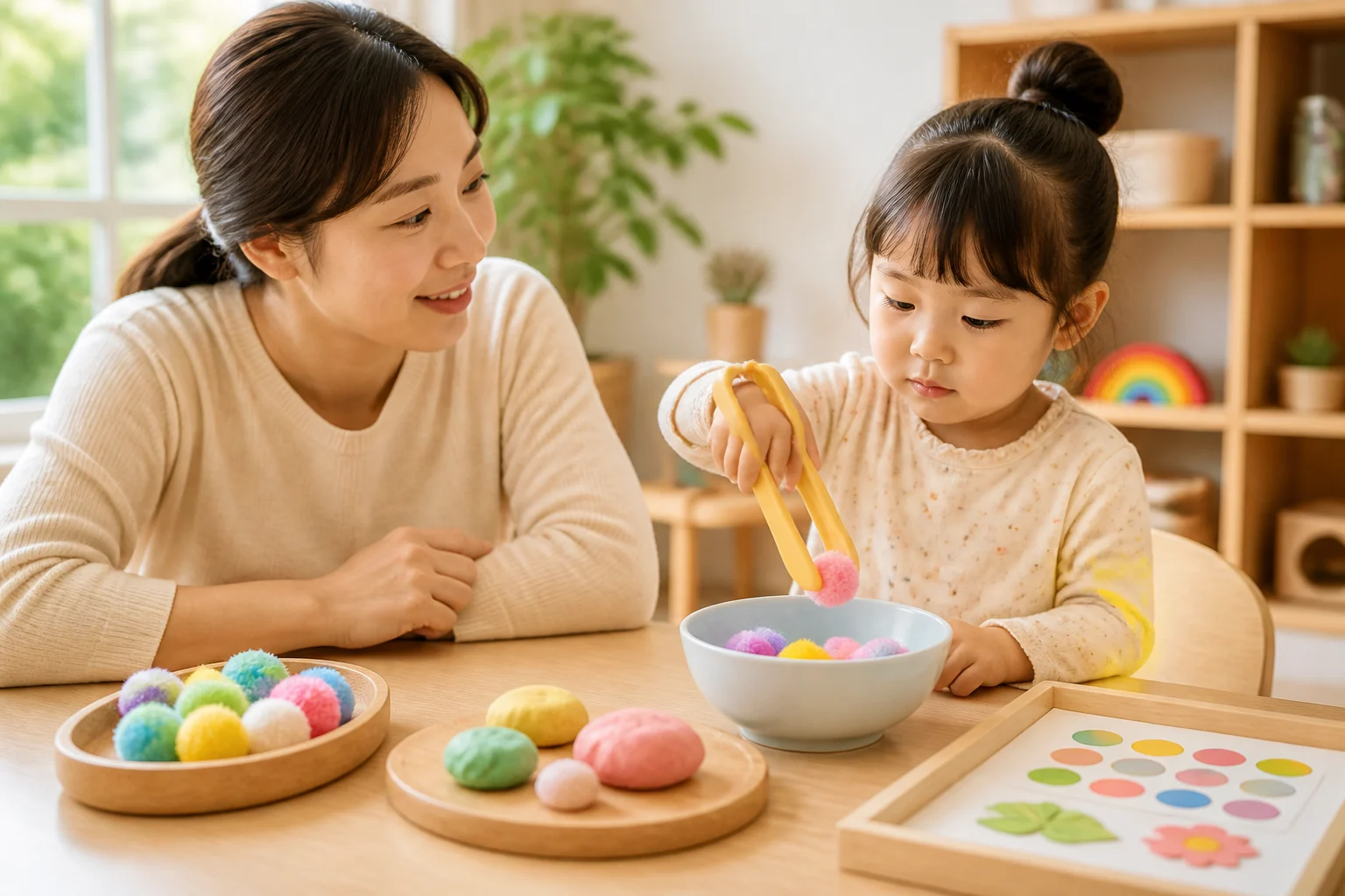 보호자와 아이가 큰 집게와 반죽, 스티커로 손 놀이를 하는 모습