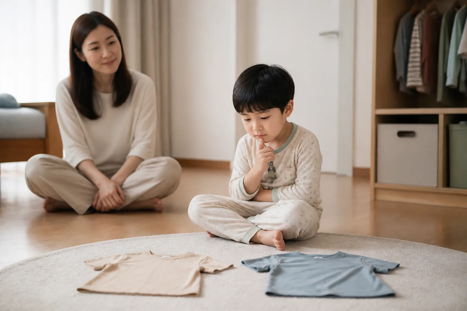 옷 두 벌 가운데 하나를 고르는 아이와 곁에서 기다리는 보호자