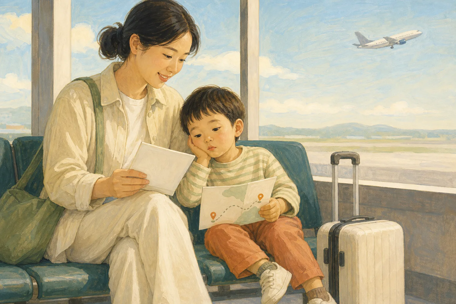 공항 창가에서 작은 여행 가방과 서류를 확인하는 보호자와 아이