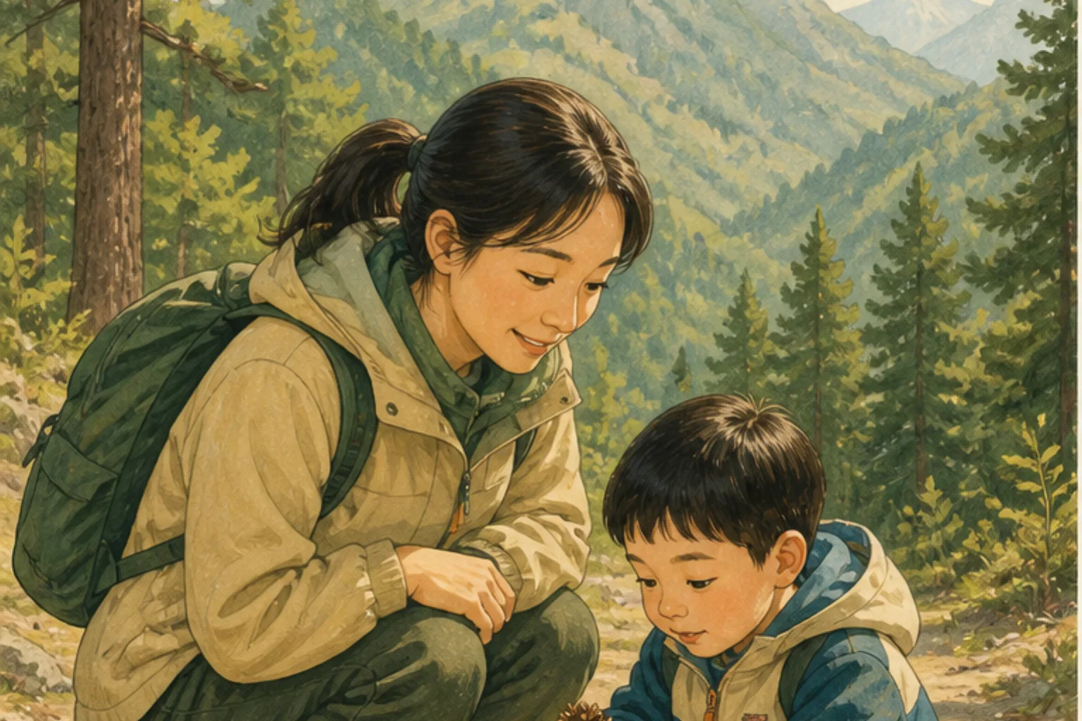 키 큰 침엽수 사이 완만한 숲길에서 솔방울을 살펴보는 아이와 보호자