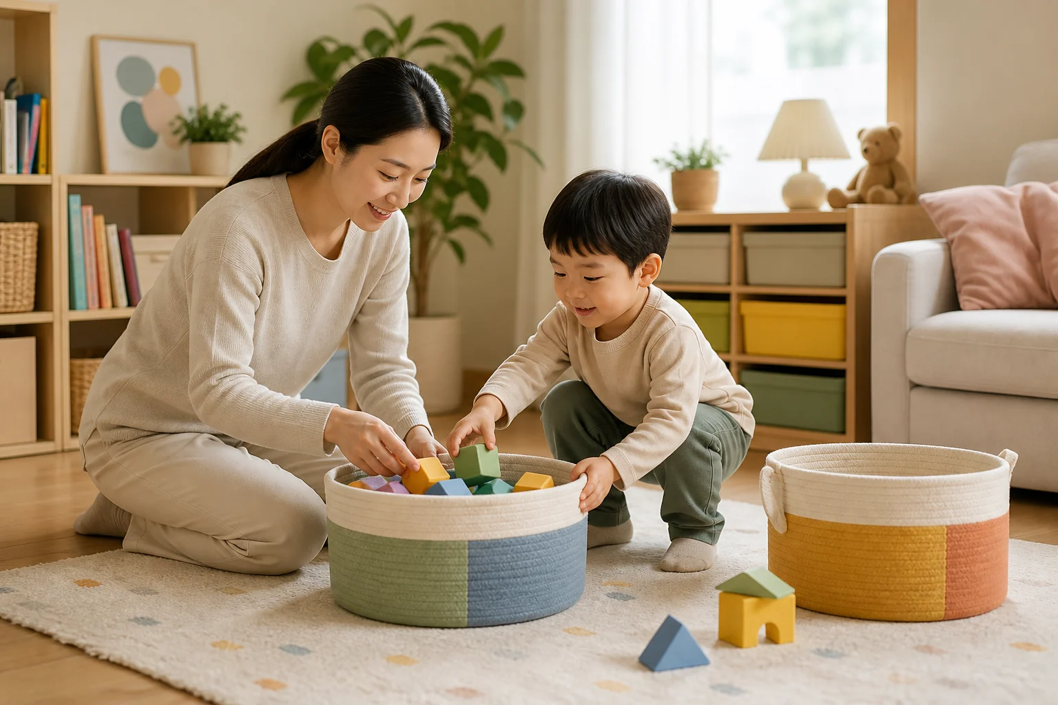 보호자와 아이가 낮은 바구니에 큰 블록을 함께 정리하며 통로를 비워 둔 모습