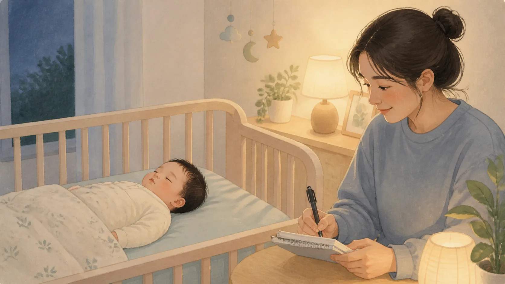 아기 침대 옆에서 수유 시각과 건강 신호를 기록하는 보호자