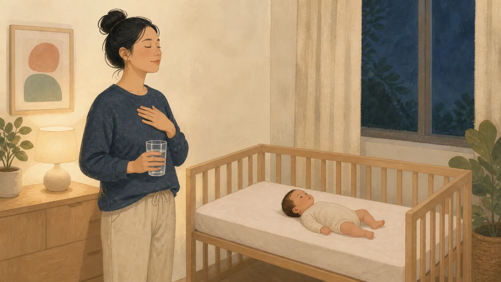 안전한 아기 침대 곁에서 물을 마시며 숨을 고르는 보호자