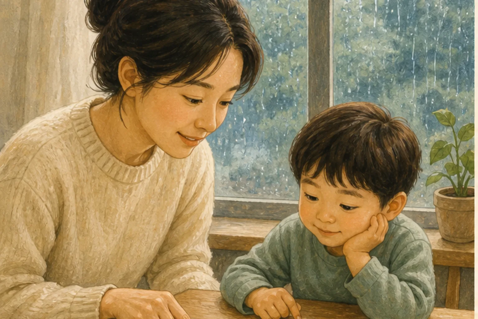 비가 오는 창가에서 나들이 지도와 작은 메모를 다시 정리하는 가족