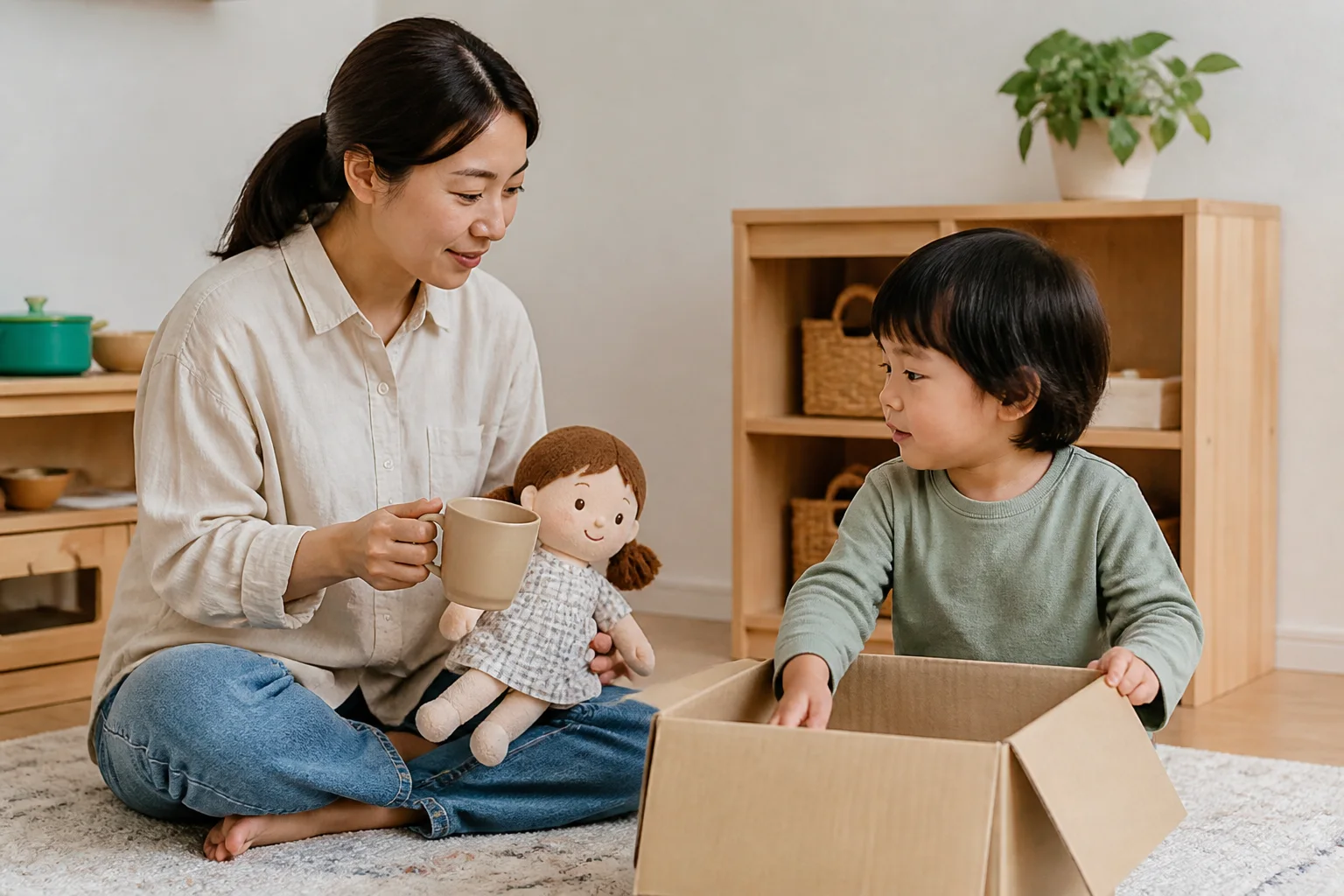 큰 빈 컵과 천 인형으로 역할놀이를 시작하는 보호자와 아이
