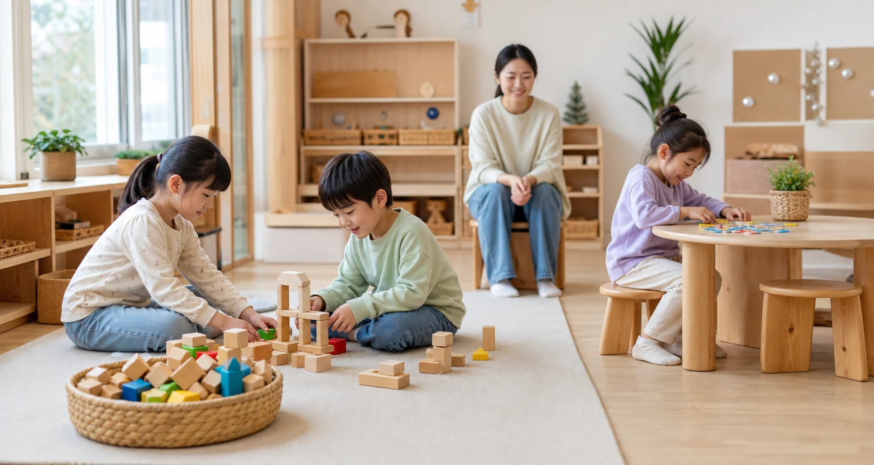보호자가 곁에서 아이 두 명이 공용 블록 놀이 자리를 함께 정하는 모습을 지켜보는 장면