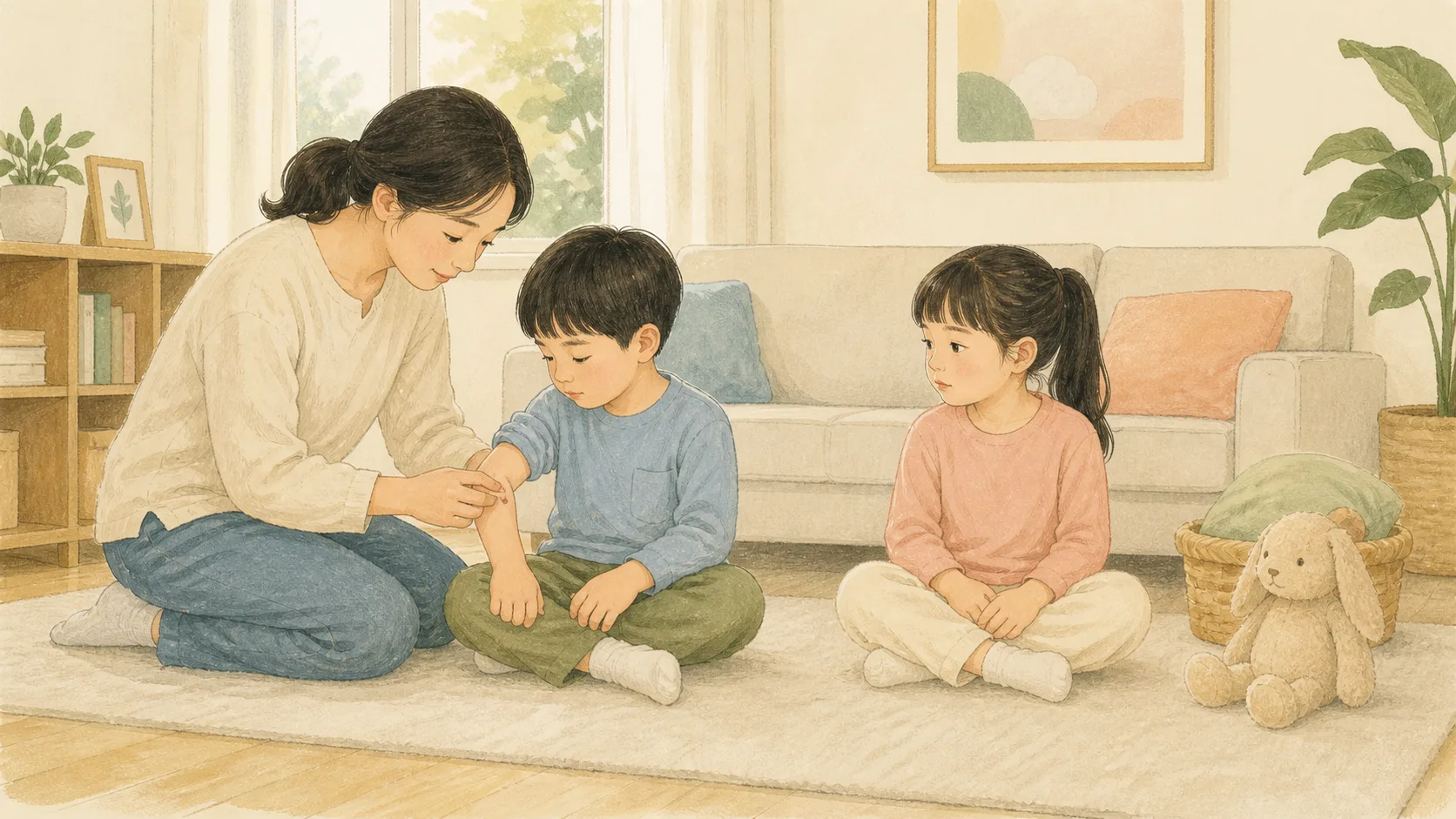 두 아이가 떨어져 앉아 있고 보호자가 다친 아이를 살피며 복구 행동을 돕는 모습